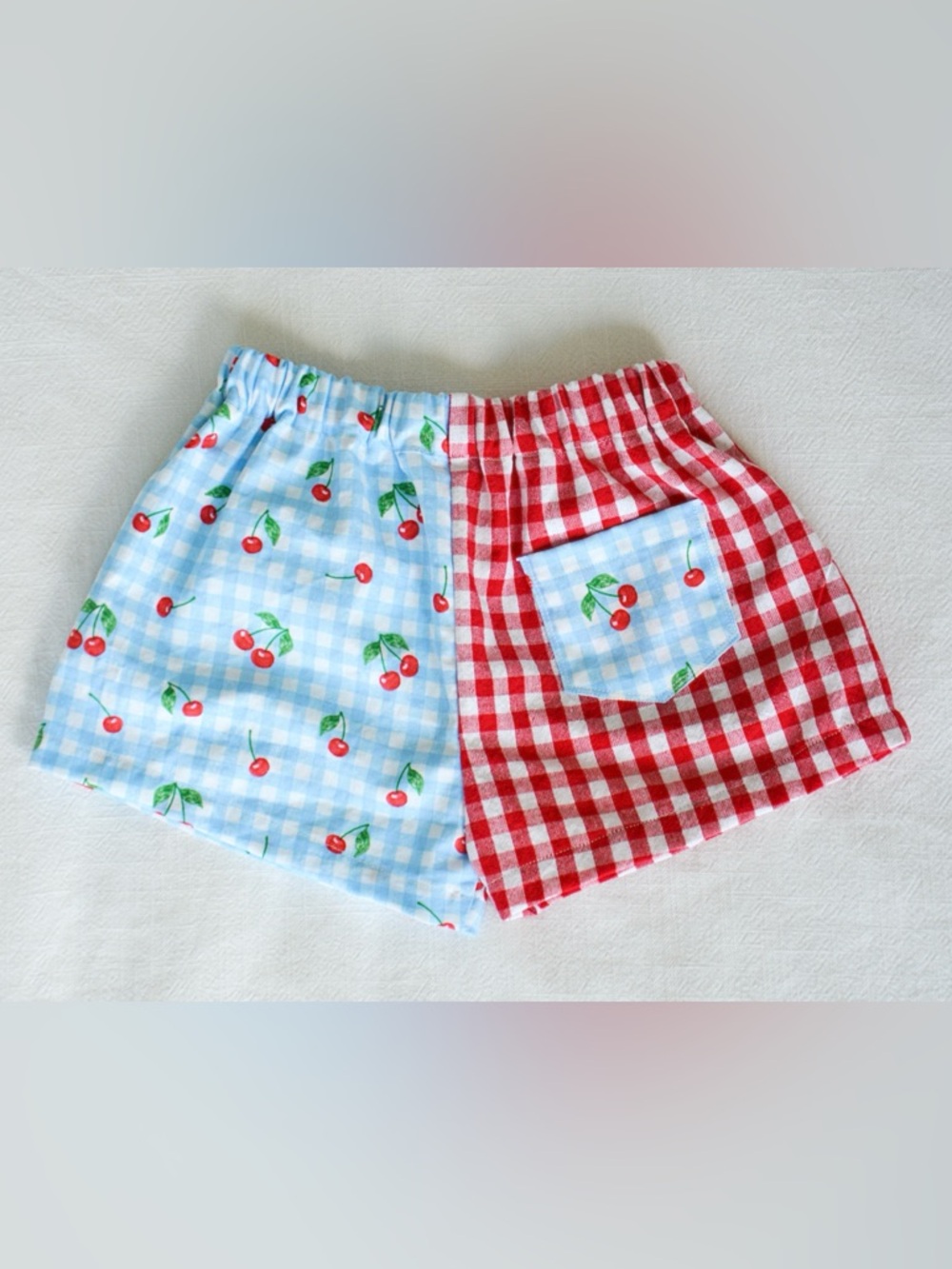 Handmade Kids Cherry Gingham Shorts - Blue & Red
